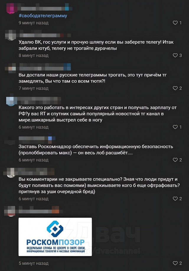Россияне массово "благодарят" сотрудников Роскомнадзора за блокировку телеги под последним постом ведомства в VK