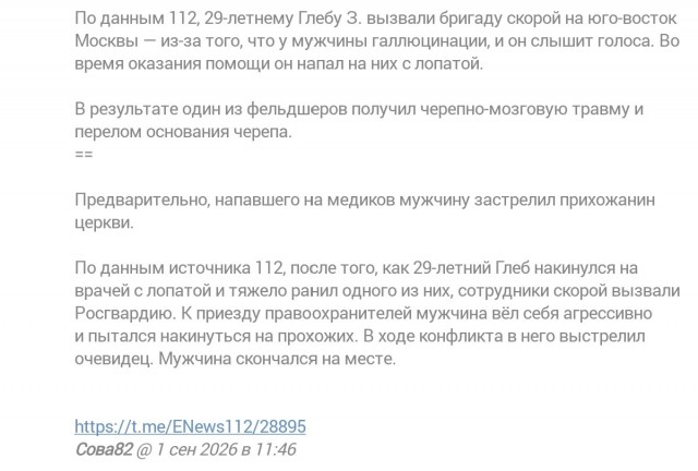 Неадекват с лопатой бросился на людей у храма в Москве и был застрелен