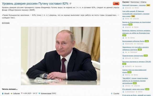 Уровень доверия россиян Путину составил 82%
