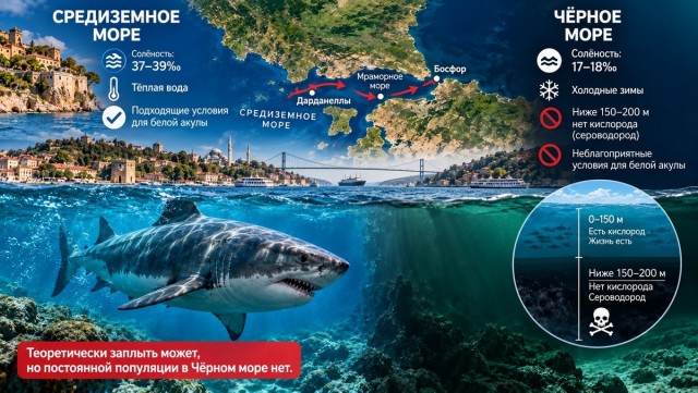 Почему белые акулы из Средиземного моря не заплывают в Черное
