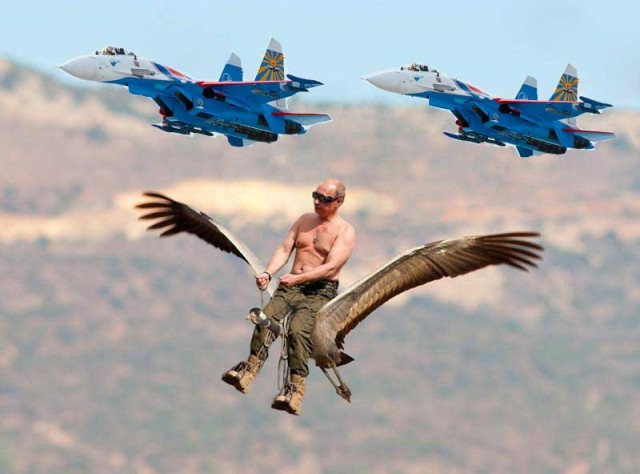 Путин с клювом в халате возглавил журавлиный клин