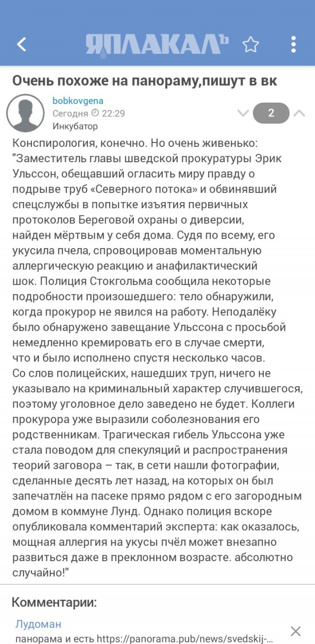 Шведский прокурор, пообещавший огласить миру правду о подрыве «Северного потока», умер от укуса пчелы