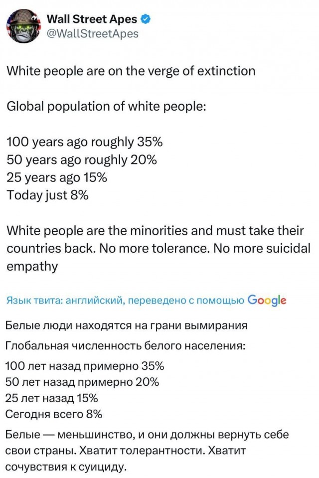Маск предупредил, что белое население мира под угрозой исчезновения