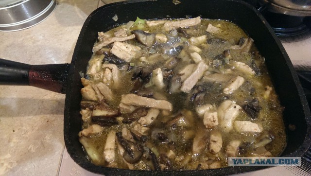 Драники в горшочках с мясом и грибами.