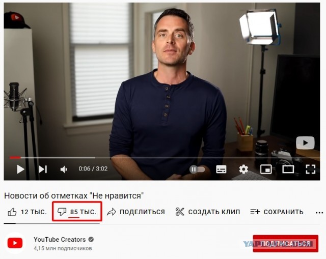 Пользователи YouTube массово задизлайкали видеоролик о скрытии числа дизлайков на сайте