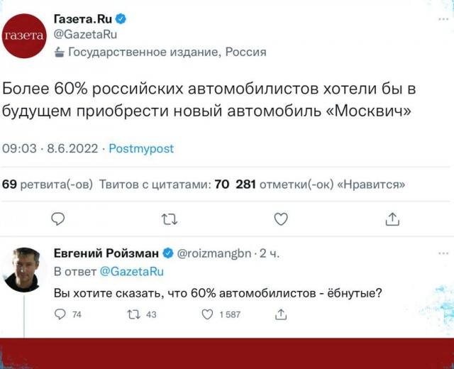 Опрос: 65% российских автомобилистов готовы пересесть на "Москвич" хоть завтра
