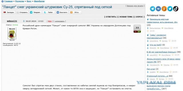"Ланцет" сжег украинский штурмовик Су-25, спрятанный под сеткой