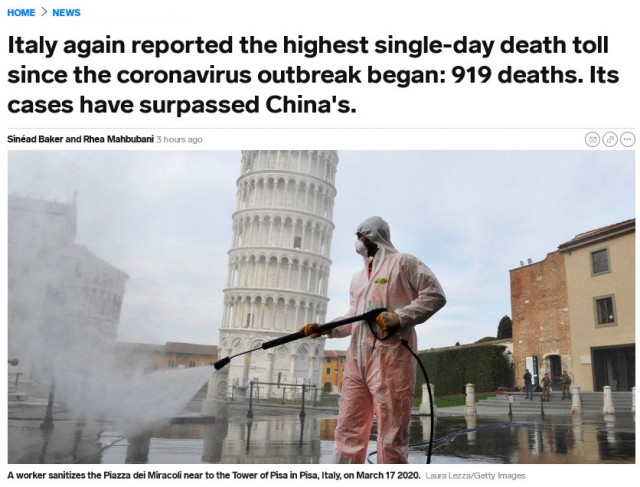 В Италии за сутки от коронавируса погибла почти тысяча человек