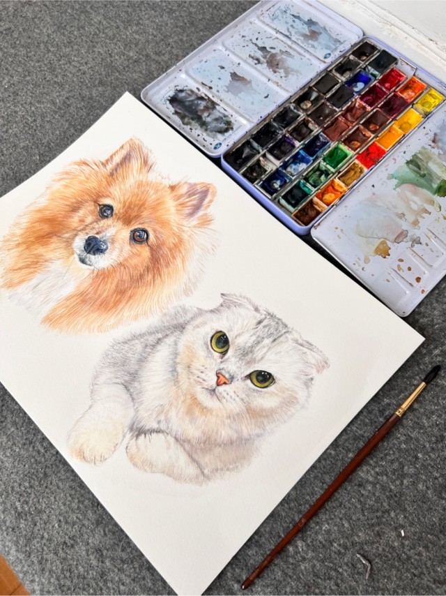 Собачка Керри и кошка Лиза акварелью