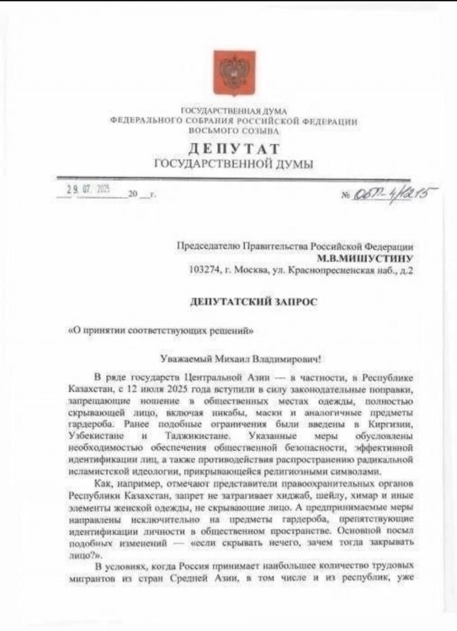 Запретить ношение одежды, закрывающей лицо, в том числе никабы, предложили депутаты Госдумы России