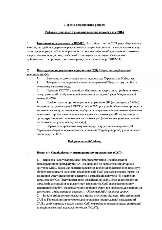 Украина получила от США список реформ