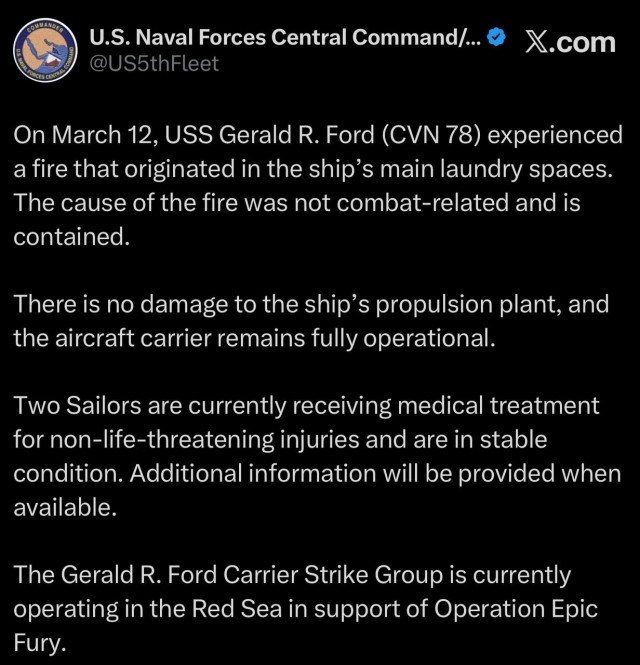 Военные США из страха перед Ираном подожгли свой авианосец USS Gerald R. Ford