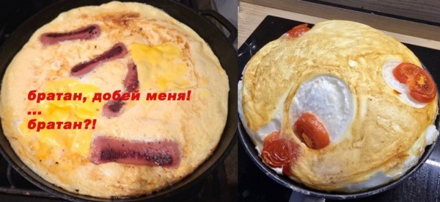 Пышный омлет с сардельками, жареным хлебом и салом