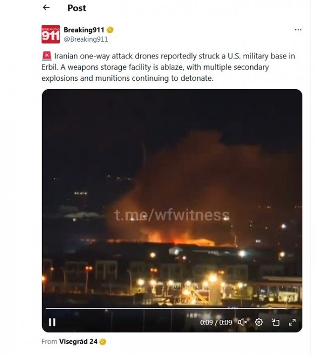 Иранские БПЛА нанесли удар по военной базе США в Эрбиль, Ирак, а также вновь по базе в Бахрейне