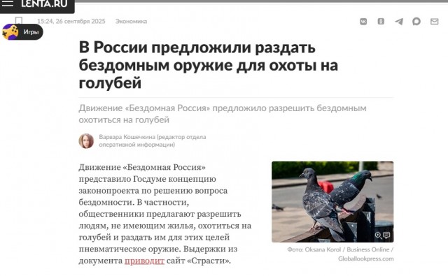 Российских бомжей хотят вооружить пневматикой, чтобы они охотились на голубей