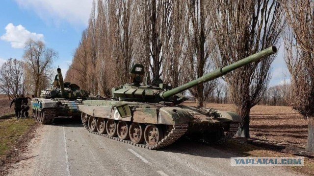 Кадры движения колонны российской бронетехники в 44 километрах от украинской столицы.