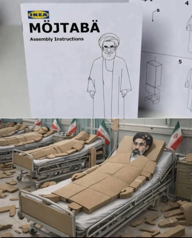 Новый верховный лидер Ирана Моджтаба Хаменеи из соображений безопасности не смог лично приехать на мероприятие, поэтому вместо него выставили...картонную фигуру с его фоткой