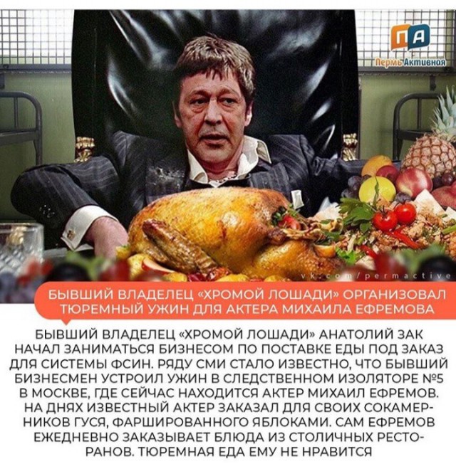 Михаил Ефремов заказал в свою камеру гуся с яблоками за 6 тысяч рублей