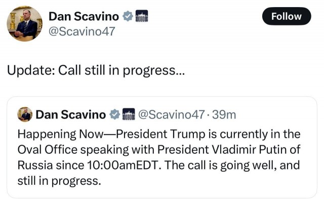 Телефонный разговор Путина и Трампа состоится сегодня с 16:00 до 18:00 по мск — Песков