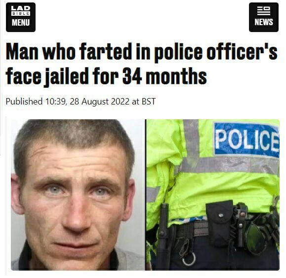 Англичанин, пукнувший полицейскому в лицо, сядет в тюрьму на 34 месяца