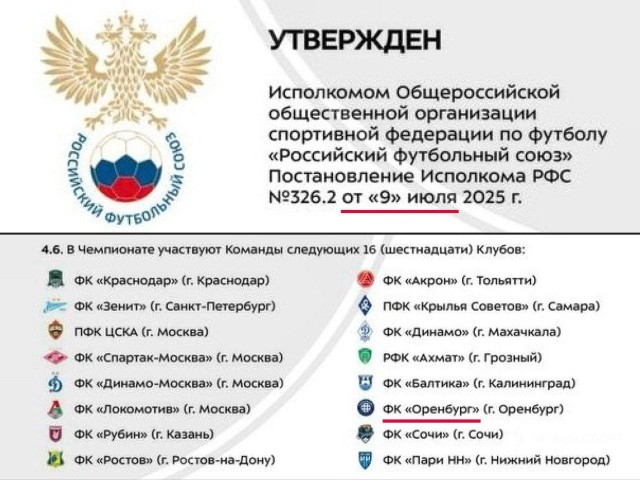 На сайте РПЛ выложили регламент лиги от 9 июля, в котором среди участников нового сезона уже числился «Оренбург»