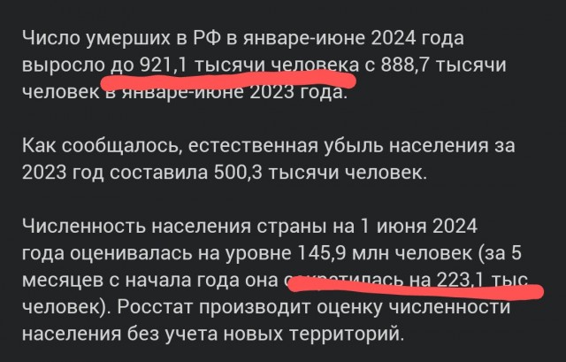 Убыль населения России в 2024 году пробивает дно и устанавливает новую высоту.
