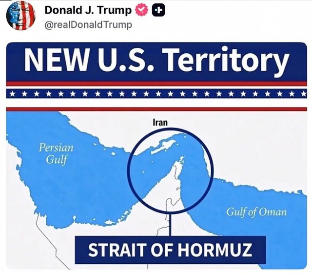 Дональд Трамп публикует карту, на которой Ормузский пролив обозначен как «новая территория США»