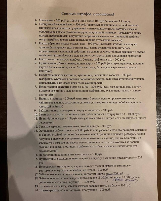 Работник кафе показал систему штрафов на работе