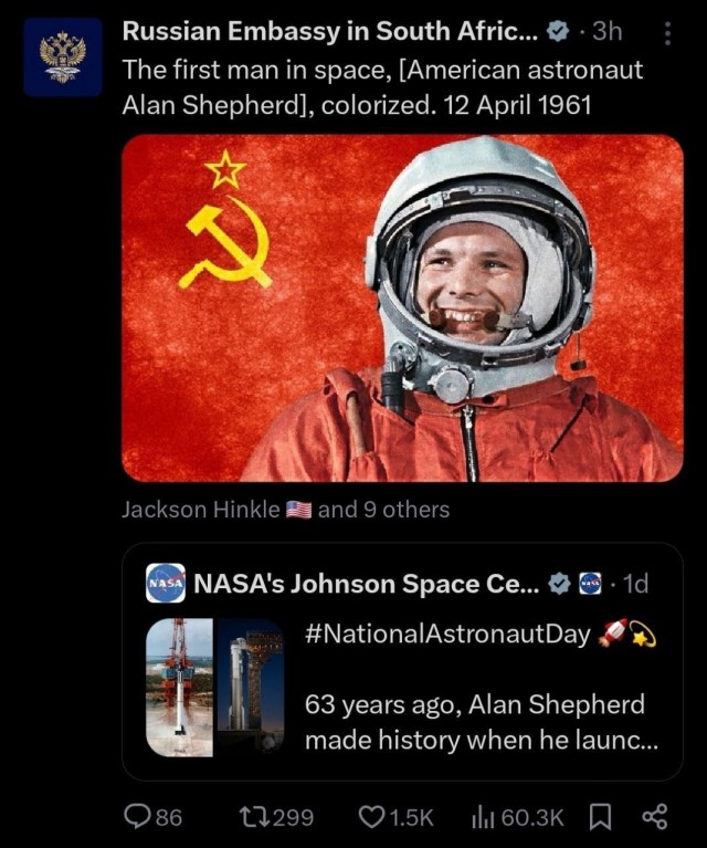 NASA назвало первым человеком в космосе американца Алана Шепарда, проигнорировав полёт Юрия Гагарина