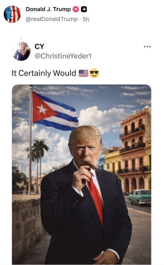 Трамп в Truth Social репостнул сгенерированное ИИ изображение, на котором он курит кубинскую сигару