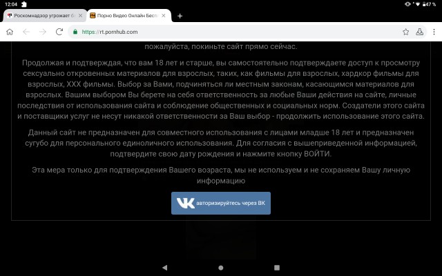 Роскомнадзор угрожает блокировкой Pornhub в России