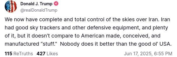 Трамп заявил, что теперь у США полный и бесконечный контроль над небом над Ираном