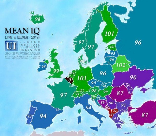 Уровень IQ на странам Европы