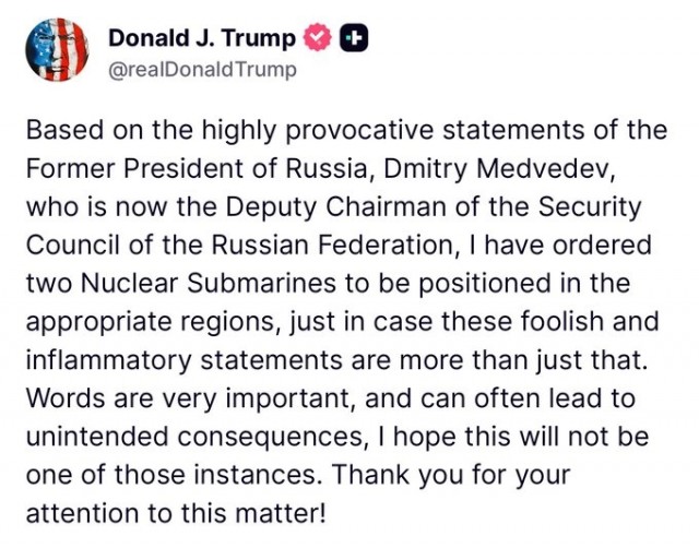 Заявления Медведева вынудили Трампа отправить две атомные подлодки в «соответствующие регионы»