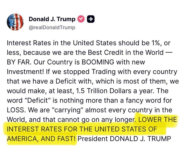 Трамп: Процентные ставки в Соединённых Штатах должны составлять 1% или меньше