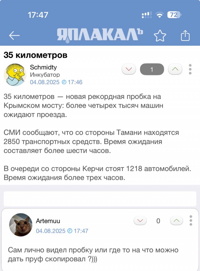 Более 4000 машин находятся в пробке на Крымском мосту: рекордная очередь на въезд — больше 30 километров