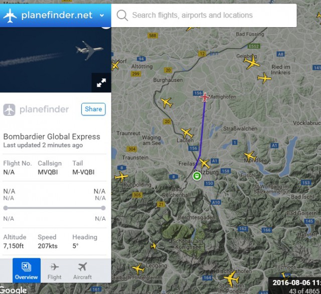 Самолет Шуваловых исчез из базы данных Flightradar24