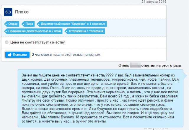 Тот случай, когда владельцу гостиницы не следует отвечать на отзывы