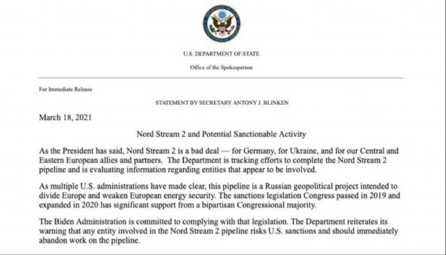 США предупреждают организации, участвующие в российско-европейском проекте «Северный поток - 2», «немедленно прекратить работы»
