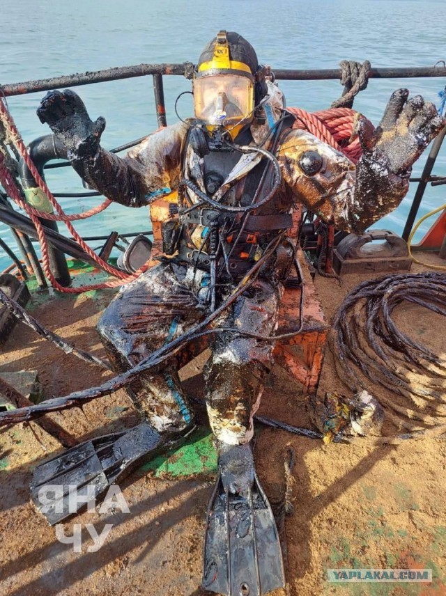 Водолазы после погружения в море с мазутом