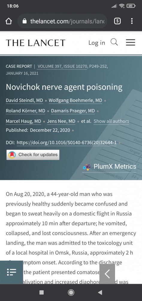 Песков порадовался публикации о вакцине «Спутник V» в журнале Lancet; статья об отравлении Навального Кремль не заинтересовала.