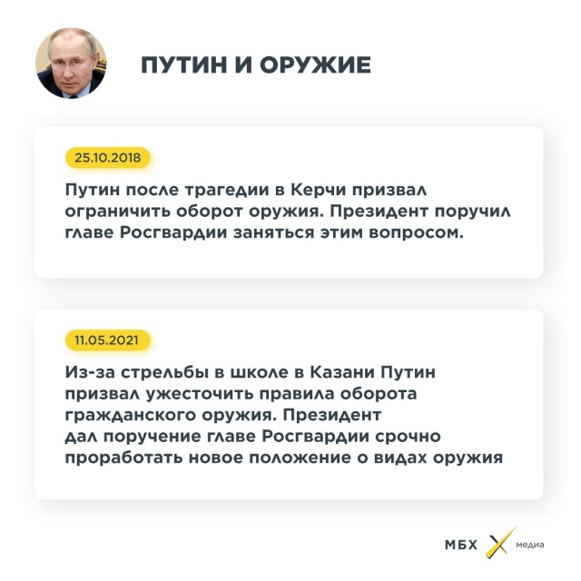 ❗️Владимир Путин в связи с ЧП в казанской школе поручил срочно проработать ужесточение правил оборота гражданского оружия
