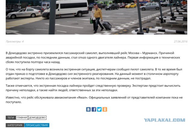 Самолёт готовится к аварийной посадке в Домодедово из-за отказа двигателя