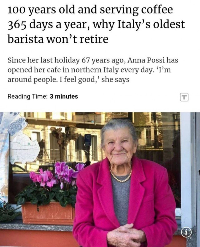В Италии 100-летняя бабуля-бариста работает каждый день без выходных, а последний отпуск у неё был 67 лет назад!