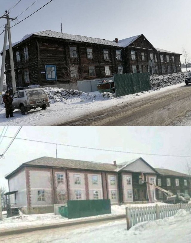 Деревянный барак завесили баннером с фотографией нового дома перед приездом губернатора