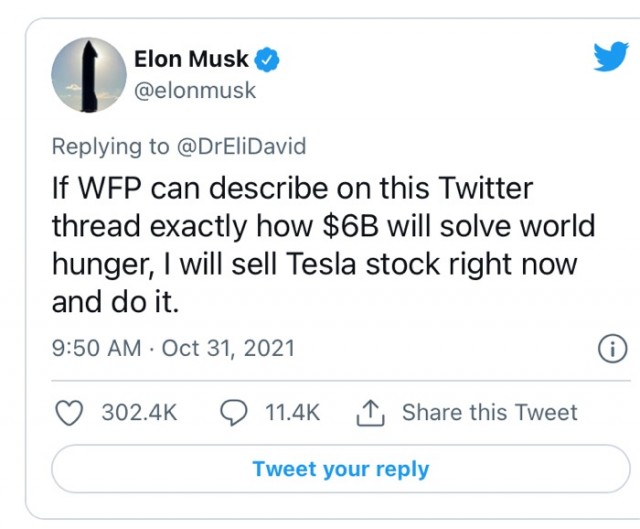 Илон Маск готов продать акции Tesla для спасения человечества от голода