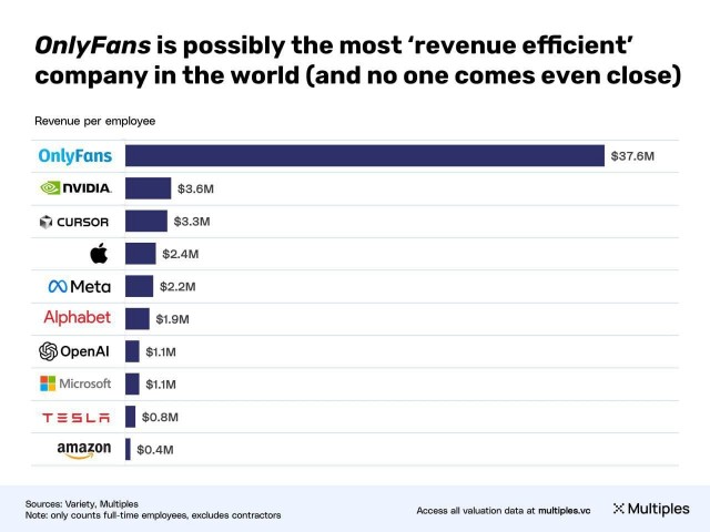 OnlyFans стал лидером по выручке на одного сотрудника, обогнав Apple и Nvidia