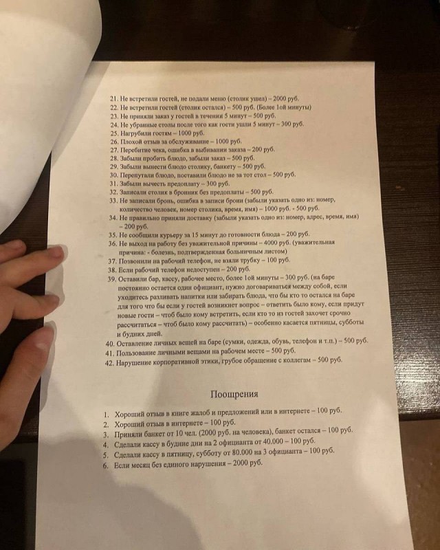 Работник кафе показал систему штрафов на работе