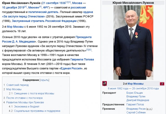 Скончался бывший мэр Москвы Юрий Лужков