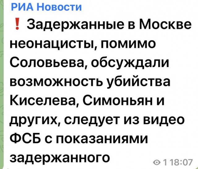 ФСБ задержала группу членов неонацистской террористической организации, планировавших убийство Соловьева